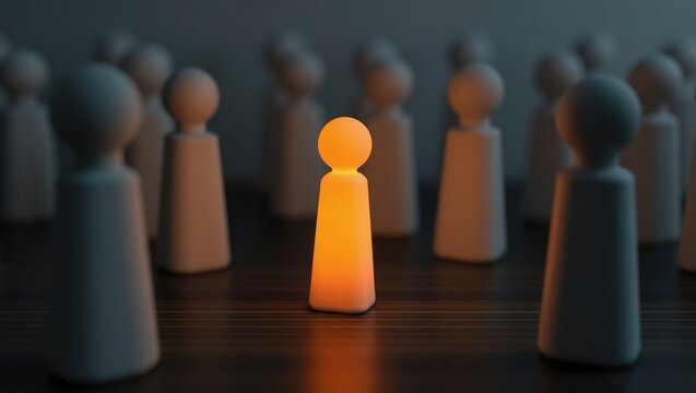Glowing individual among a crowd of figures