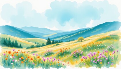 a tranquil rural landscape with a lush green valley that extends to rolling hills in the distance under a clear blue sky