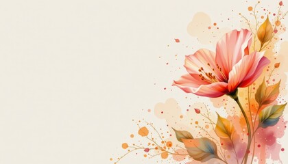 an artistic illustration of a floral arrangement with a watercolor effect, prominently featuring a flower with vibrant petals in shades of pink, orange, and white, surrounded by sm