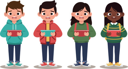 Fototapeta premium Four diverse children holding gift boxes in casual clothing vector illustration 