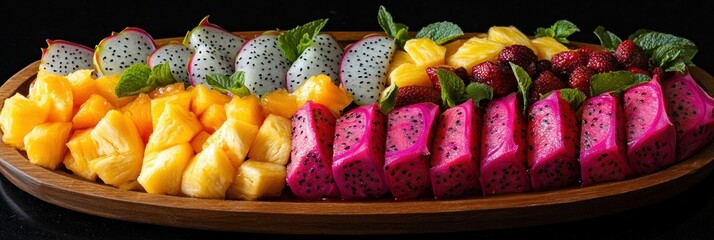 Exotic Fruit Platter: A vibrant display of dragon fruit, pineapple, and strawberries.