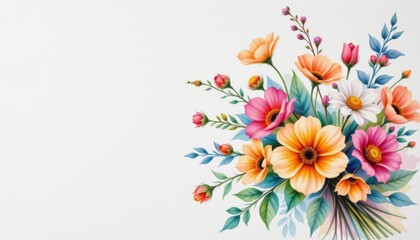 Obraz premium a floral bouquet. the bouquet is composed of various flowers in shades of pink, orange, yellow, and red, surrounded by green foliage. it is displayed against a plain background.