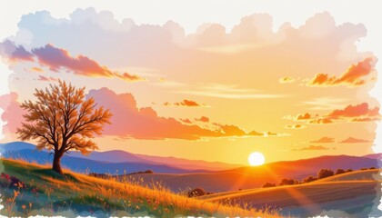a sunset scene in what appears to be a rural landscape. the sky is painted with warm hues, predominantly orange and yellow, fading into cooler tones at the horizon