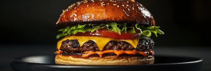 Juicy Cheeseburger on a Black Plate