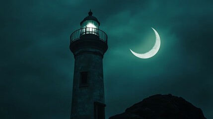 Luminous lighthouse at night, moonlit sky.
