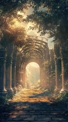 Fototapeta premium Enchanting pathway through ancient stone ruins, illuminated by sunlit nature