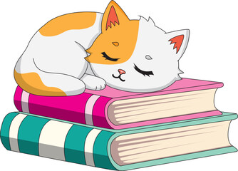 Calico Cat Sleeping On Book Cartoon Vector
