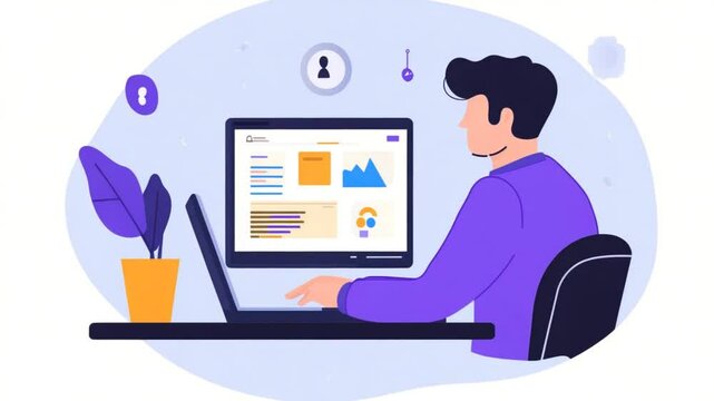 Man working on laptop at desk with plant vector illustration for business concept