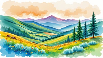 the image is a digital illustration of a tranquil landscape. it features a picturesque valley with verdant greenery and rolling hills dotted with trees