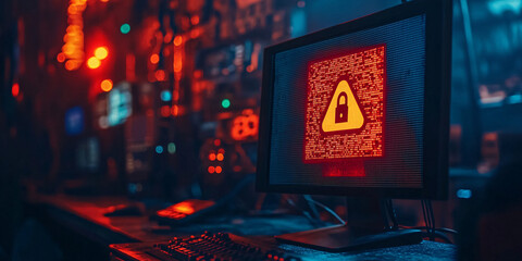 A computer screen displays a warning sign, indicating a potential cybersecurity threat.
