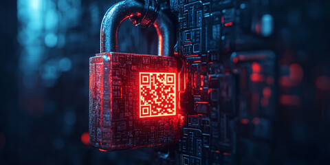 Futuristic digital lock with a QR code. Cybersecurity concept.