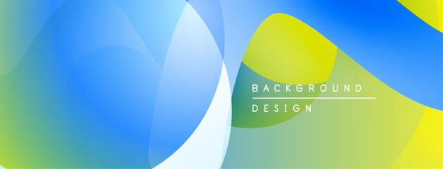 Fototapeta premium Abstract fluid shapes blend, creating vibrant blue, yellow, green gradients. Modern design evokes energy, movement, positivity.