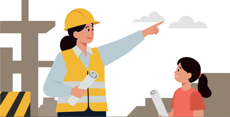 Female Architect Explaining Construction Site Plans to Child with Safety Gear and Building Background 