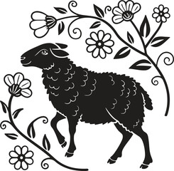 Sheep Silhouette with Decorative Floral Elements in Negative Space