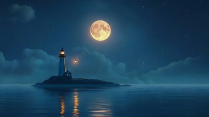Lighthouse on a misty island at night under a full moon.