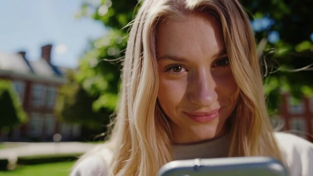 University student woman typing on her phone, then looking up and smiling playfully. Casual setting, youthful energy, and a charming, flirty expression