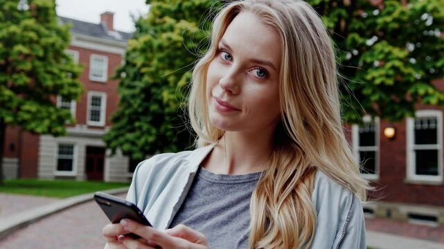 University student woman typing on her phone, then looking up and smiling playfully. Casual setting, youthful energy, and a charming, flirty expression