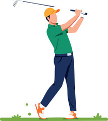 Golfer swinging golf club in green shirt and orange shoes vector illustration 