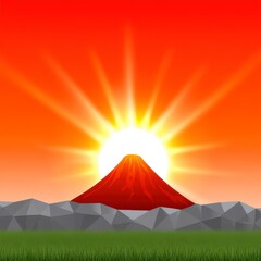 Magical Realist Volcano Sunrise Red Mountain, Geometric Landscape