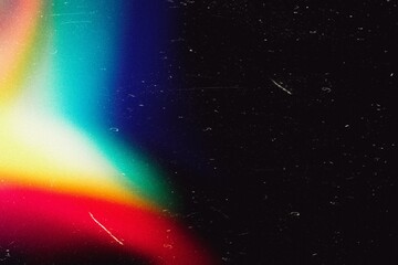 Crystal rainbow light leaks photo overlay background with lens flare effect, scratches dust dirty film grain texture with heavy noise, grunge texture, distressed damaged film texture