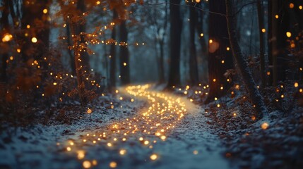 A winter forest path sprinkled with warm, golden lights.