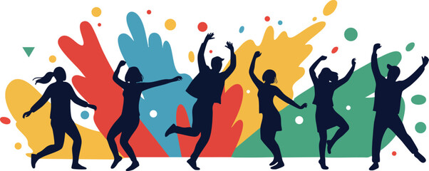Group of dancing people silhouettes with colorful paint splashes background vector illustration 