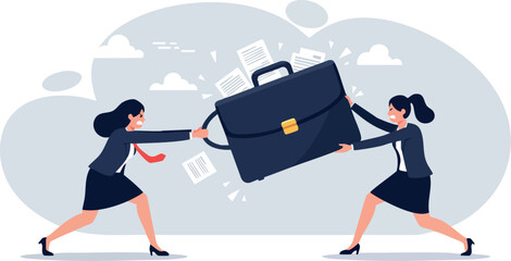 Fototapeta premium Businesswomen pulling briefcase in office conflict vector illustration 