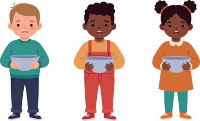 Obraz premium Diverse children holding empty bowls illustration in casual clothes smiling and standing 