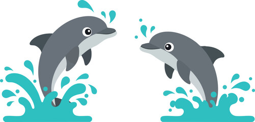 Obraz premium Two playful dolphins jumping through blue water splashes vector illustration 