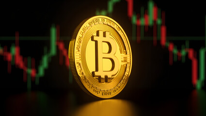 Bitcoin coin with a stock chart in the background