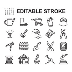 Set of icons related to gardening, caring for plants. Thin line style vector. Contains icons such as flower seeds, water sprayer, boots and more.