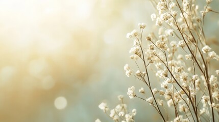 Naklejka premium Delicate white flowers bask in warm sunlight, creating a soft, dreamy aesthetic