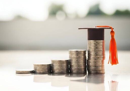 Education investment: graduation cap atop rising coin stacks. College fund, savings for higher education.