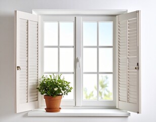 Fototapeta premium White window with shutters and plant in pot home interior design decor