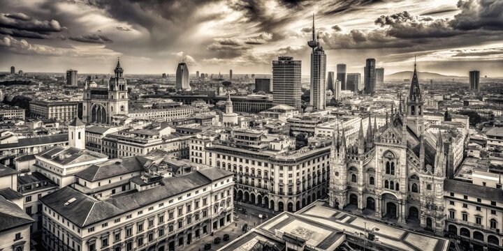 Fototapeta Black and white Milan: a high-resolution aerial view, capturing the city's vintage urban landscape.