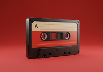 Fototapeta premium Retro audio cassette tape on red background vintage music concept