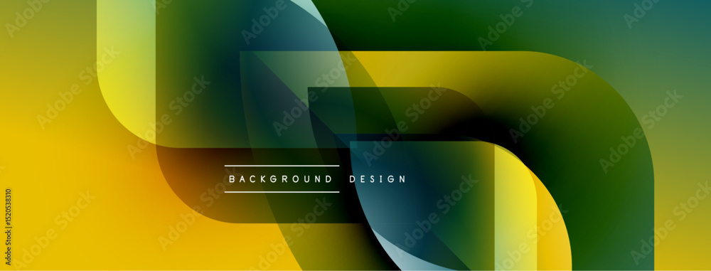 Poster Abstract fluid shapes, yellow, green gradients. Modern design with overlapping layers, text background design present.