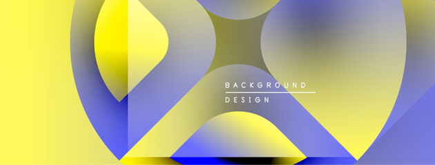 Abstract geometric shapes overlap. Yellow, blue, gray gradients create modern design. Minimalist composition, clean aesthetic. Background text present.