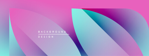Abstract fluid shapes blend pink, purple, blue hues. Modern design features gradient layers, soft curves, text overlay. Minimalist aesthetic.