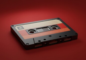 Fototapeta premium Retro audio cassette tape on red background for music nostalgia