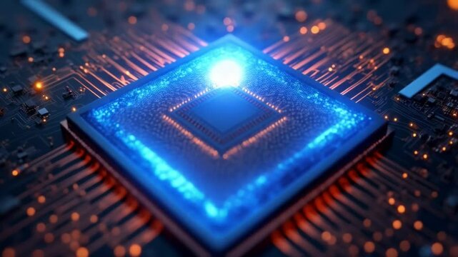 A macro closeup of a digital computer circuit board reveals intricate electronic components and microchips, highlighting advanced semiconductor technology and hardware