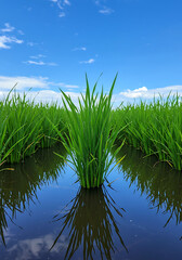 Fototapeta premium Green Rice Field Under Blue Sky: A serene perspective of a thriving rice field, with lush green crops standing tall, beautifully reflected in the still water.