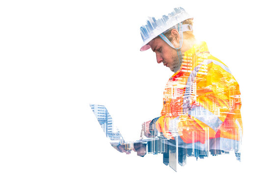 The double exposure image of the engineer standing back during sunrise overlay with cityscape image and futuristic hologram. The concept of engineering, construction, city life and future.