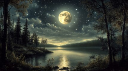 Fototapeta premium Full Moon Over a Tranquil Lake at Night