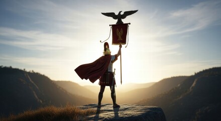 A Roman soldier raising the imperial flag