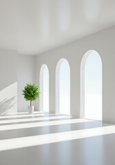 Minimalist Room with Sunlight: A serene minimalist room features three arched windows, allowing soft sunlight to stream in, casting shadows on the floor, accompanied by a small potted plant.