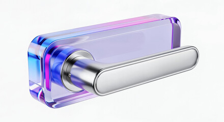 Modern glass door handle with blue and pink accents on white background