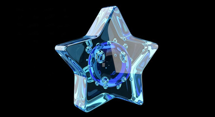 Blue glass star encapsulating bubbles on black background