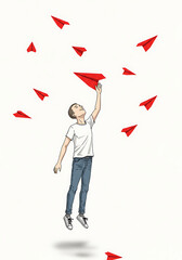 Dreamer's Ascent: A youthful figure reaches for a red paper airplane amidst a flurry of airborne dreams, embodying the spirit of aspirations and creative flight.