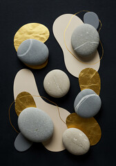 Zen Stones and Golden Leaf: A serene and artistic composition of smooth stones, gold leaf, and abstract shapes. Capturing balance and beauty in minimalism.